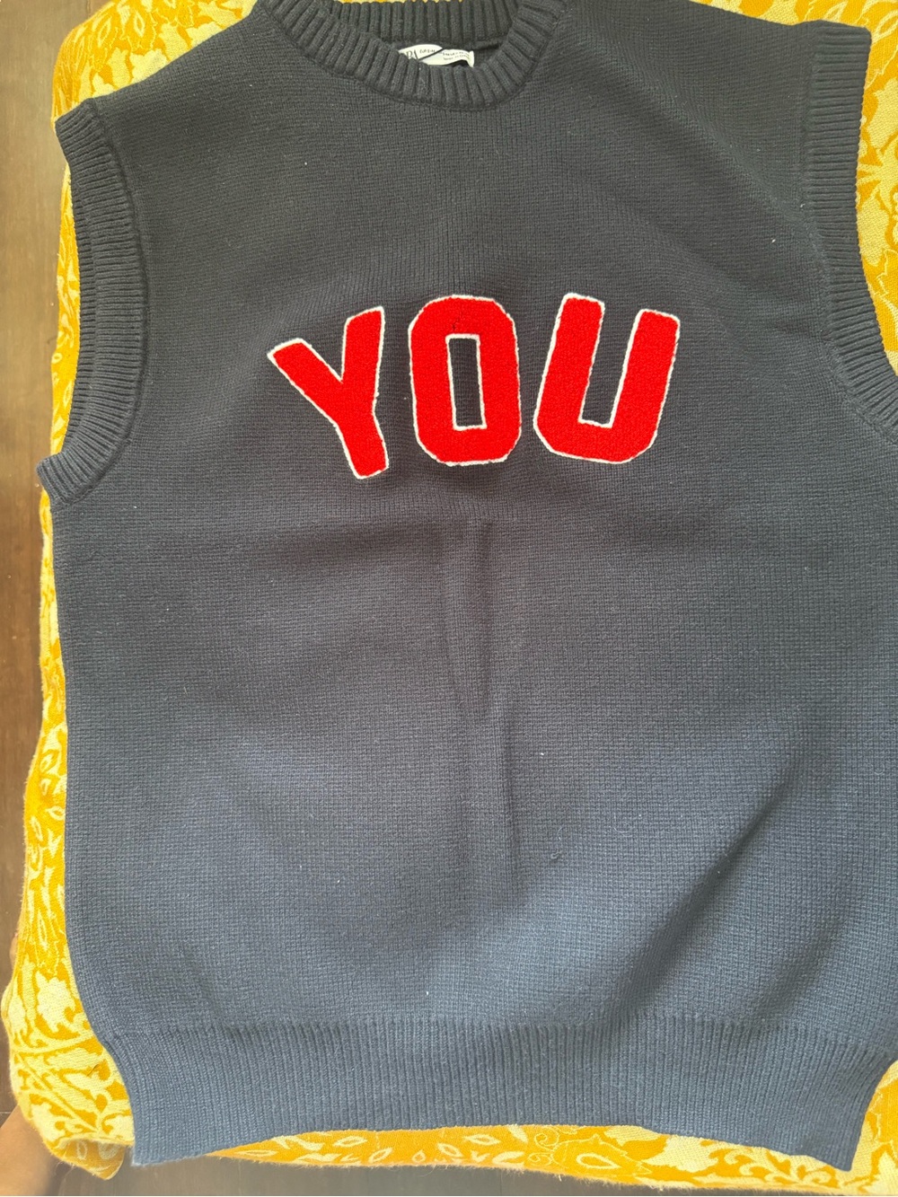 Zara Men's Blue Crew Neck Knit Top with Red 'YOU' Applique